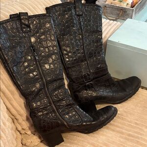 Born Black Croc-Embossed Mid-Calf Heeled Boots